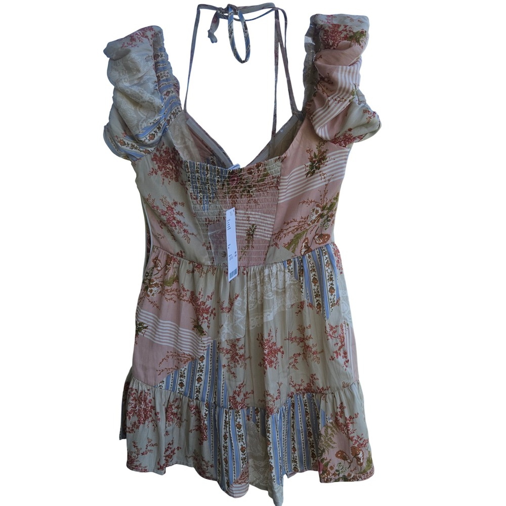 Kimchi Blue Patchwork Floral Mini Dress Multicolor Smocked Back Halter SZ M NEW - Picture 2 of 7